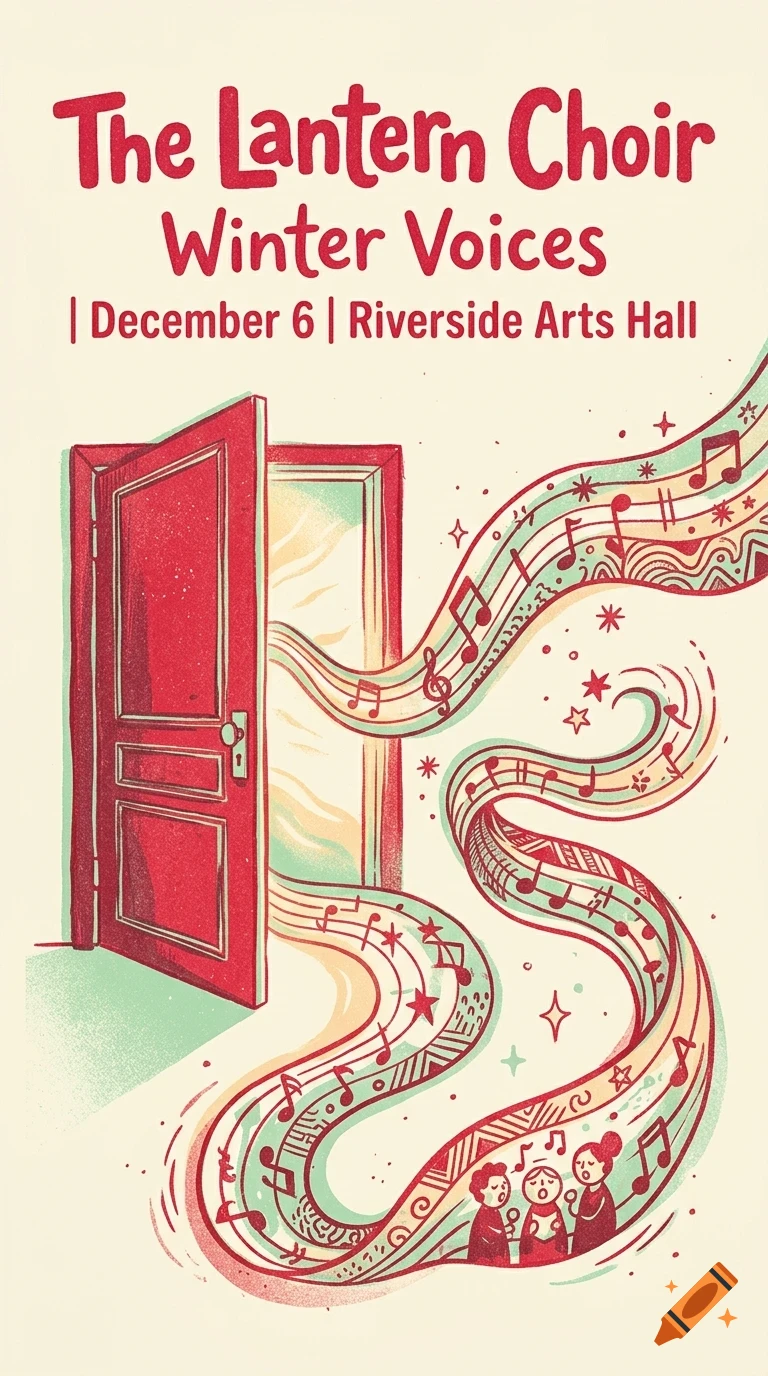 A poster with red lettering reading The Lantern Choir Winter Voices, featuring an open red door with musical notes and singers emerging from it.