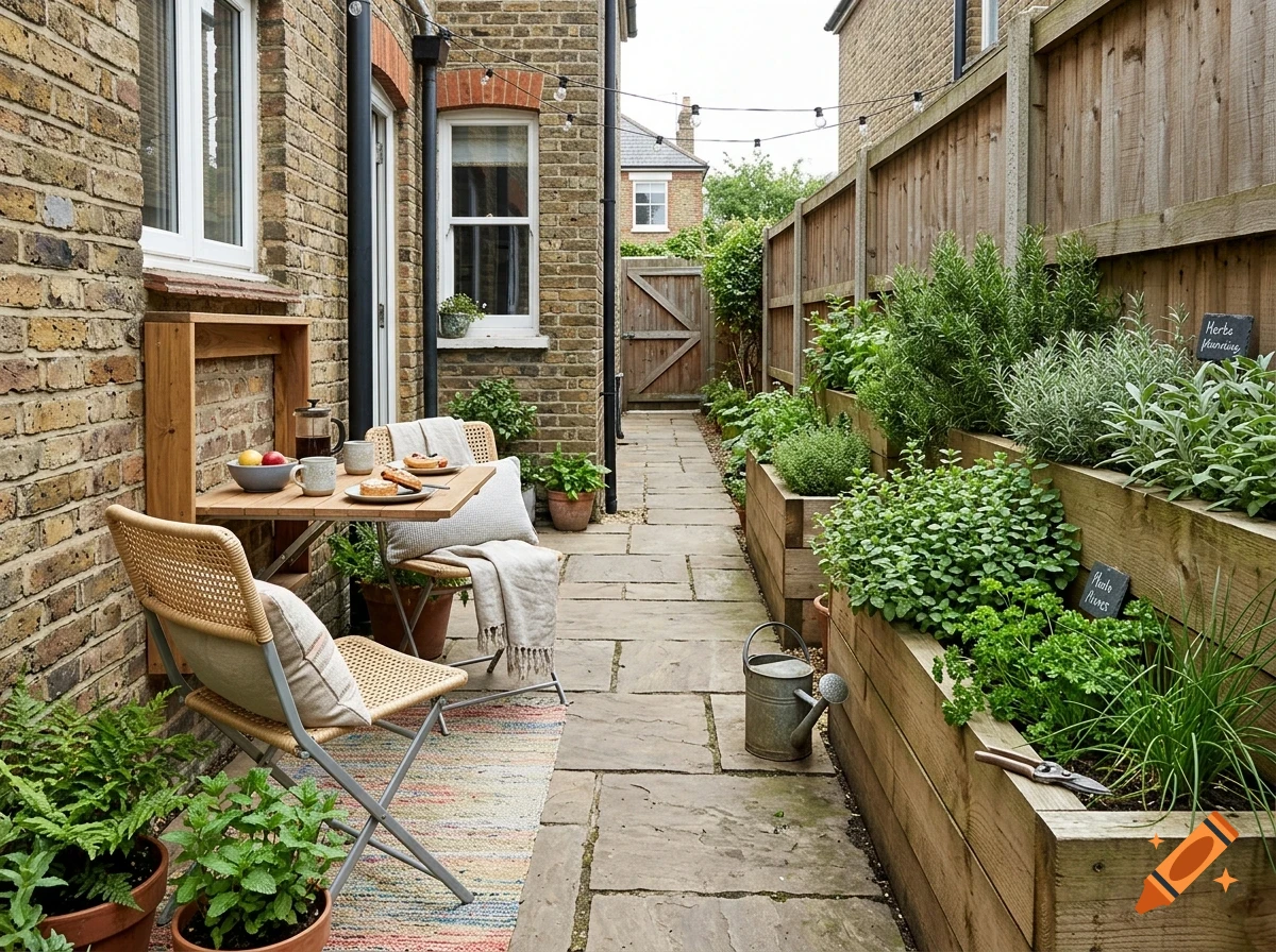 A narrow brick courtyard with a small wooden table, two chairs, and tiered raised garden beds filled with herbs.