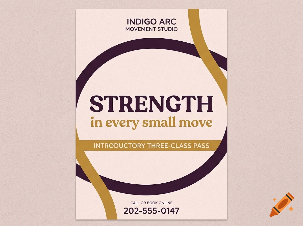 A flyer design for a movement studio with curved purple and gold graphic lines and the text STRENGTH in every small move.