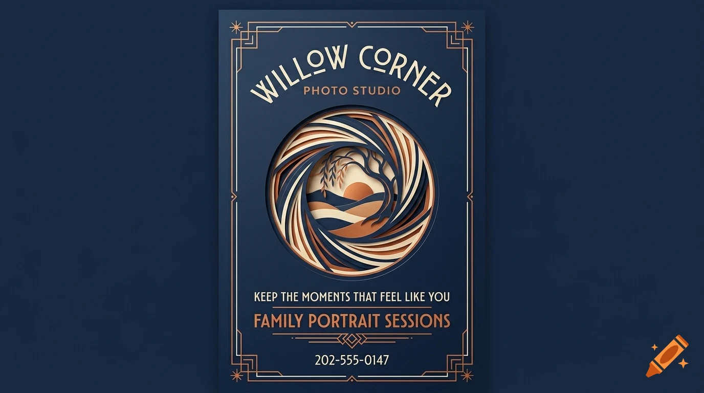 An art deco style poster for Willow Corner Photo Studio featuring layered paper cutout design of a landscape with a tree and sun, with text and a phone number.