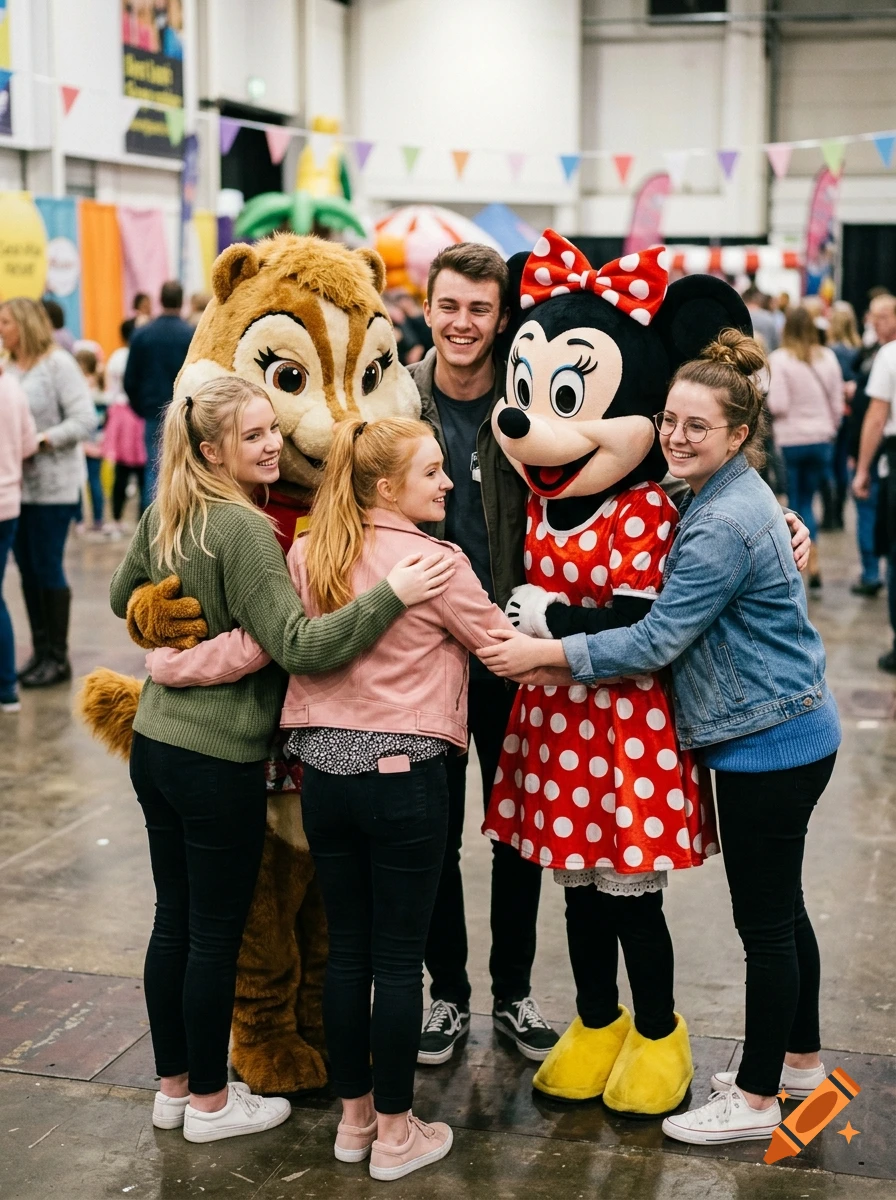 Group of four people and two mascots, including Minnie Mouse, hugging indoors.