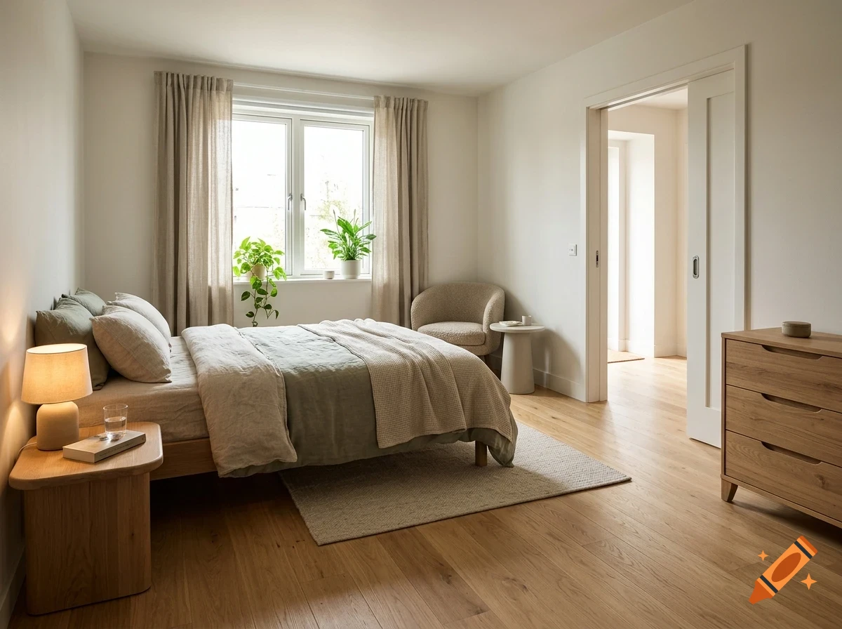 A brightly lit bedroom with a made bed, wooden floors, an armchair, and a window with curtains.