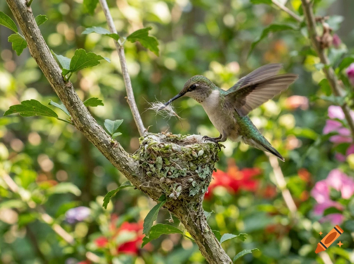 A hummingbird hovers near its small nest built on a tree branch, holding nesting material in its beak.
