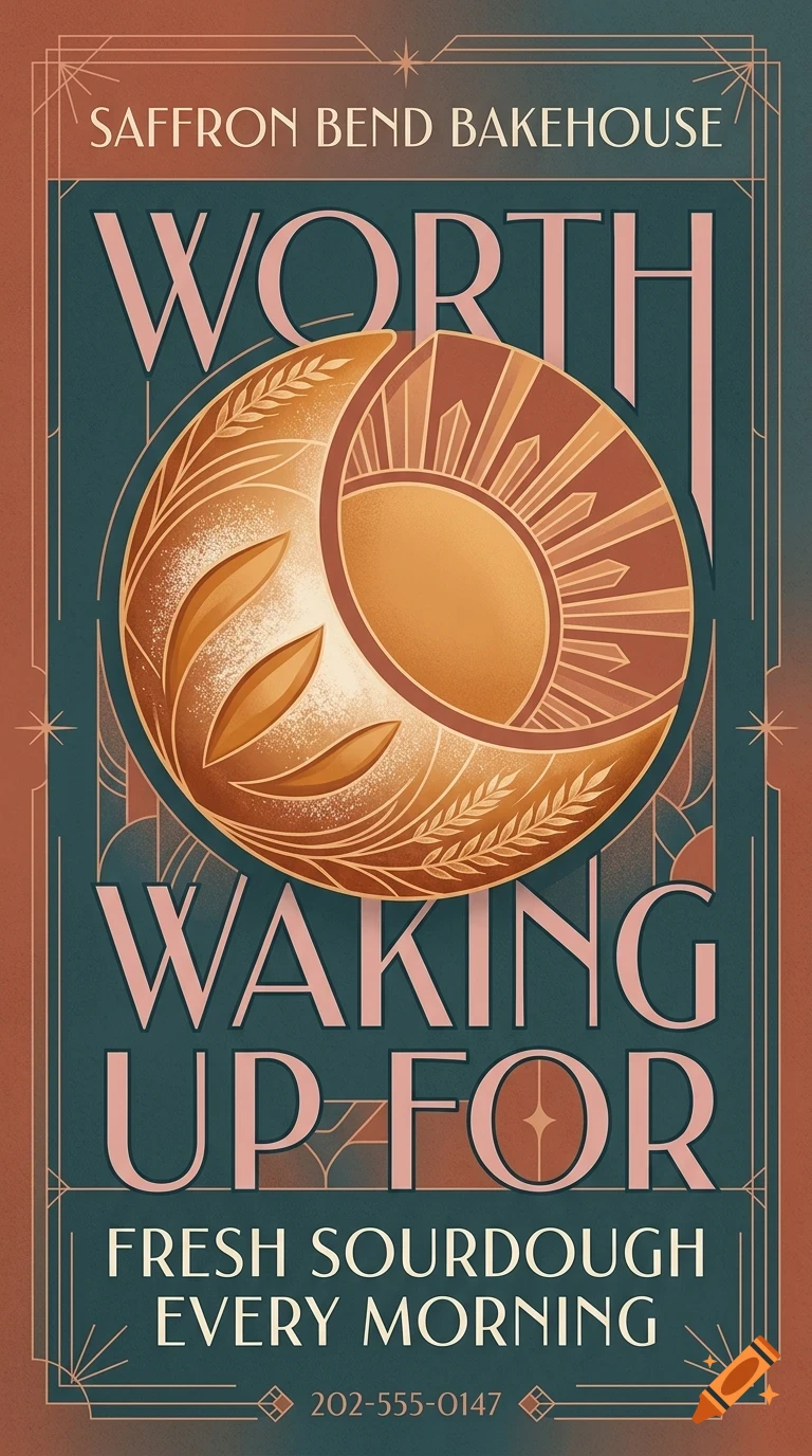 An Art Deco poster featuring a stylized loaf of bread with a sun and wheat motifs, surrounded by text including WORTH WAKING UP FOR.