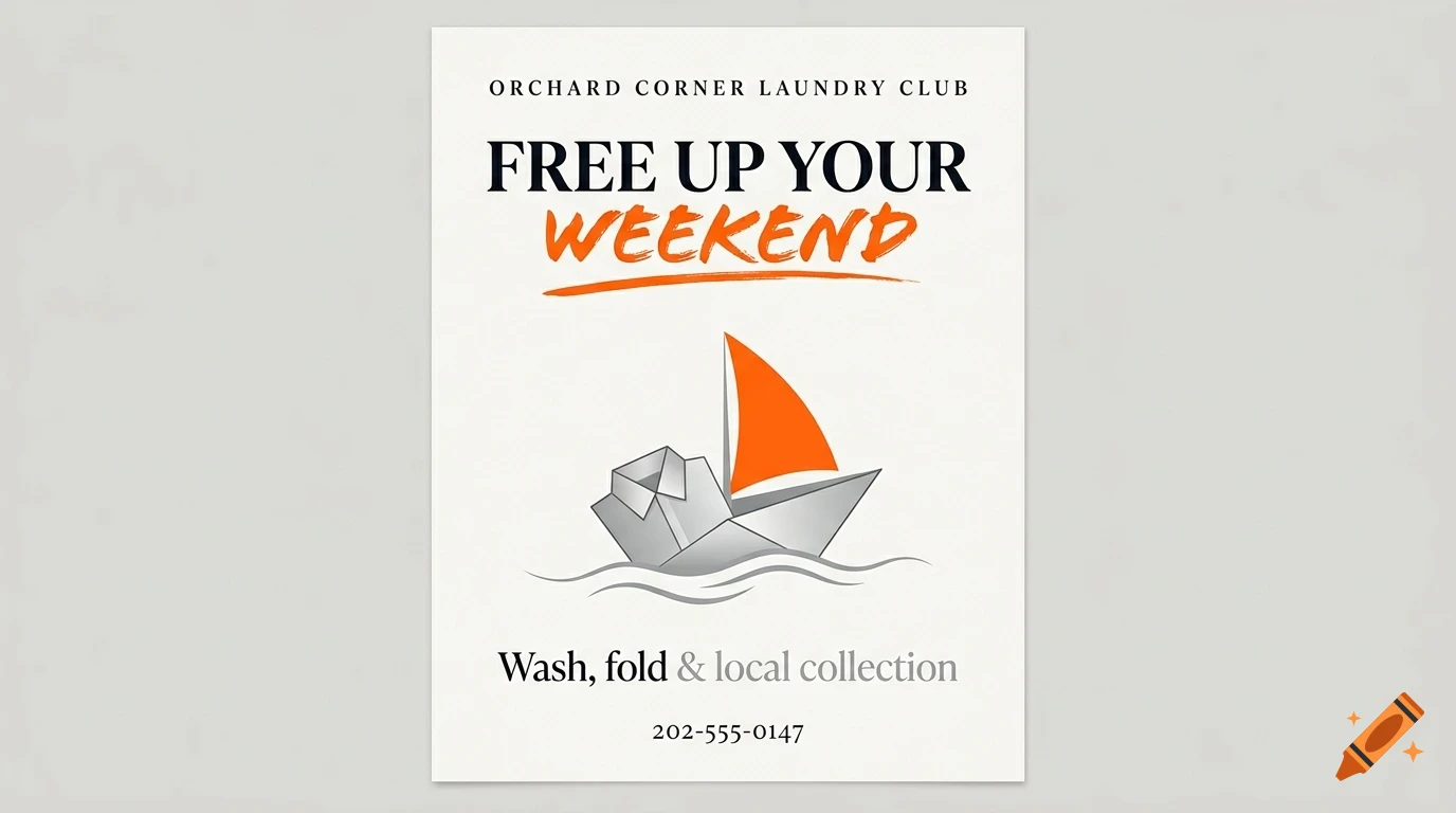 A flyer for Orchard Corner Laundry Club featuring a paper boat with an origami shirt sail on waves, with text reading FREE UP YOUR WEEKEND and a phone number.