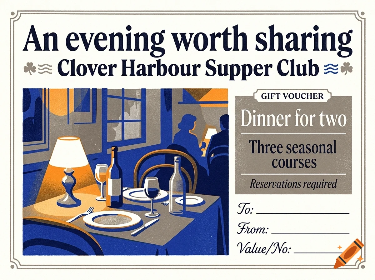 An illustrated gift voucher for Clover Harbour Supper Club featuring a table set for dinner with a lamp, wine glasses, and a bottle.