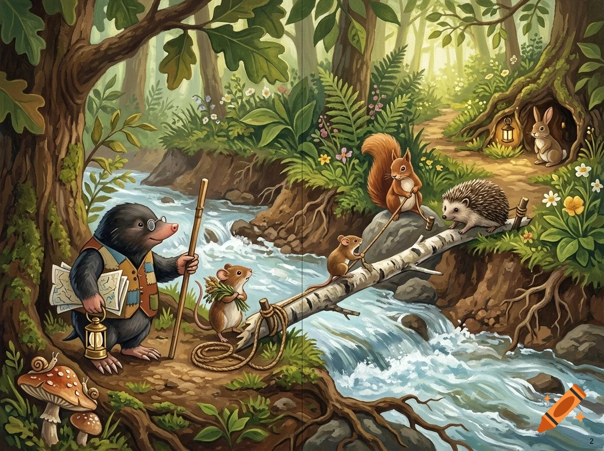 An illustrated woodland scene with anthropomorphic animals near a stream, including a mole holding a map and lantern, mice, a squirrel, a hedgehog, and a rabbit.