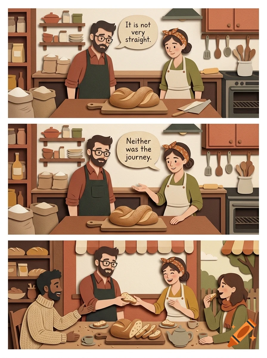 A comic strip with three panels showing a man and woman baking bread together in a kitchen, followed by them sharing bread with friends.