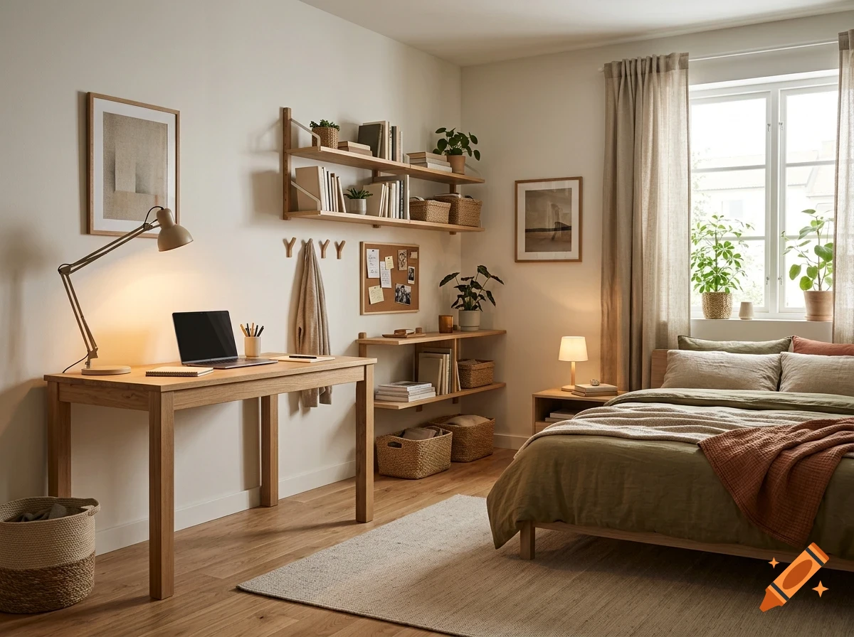 A well-lit, cozy bedroom and home office space featuring a wooden desk with a laptop, open shelving on the wall with books and plants, and a bed with neutral linens.