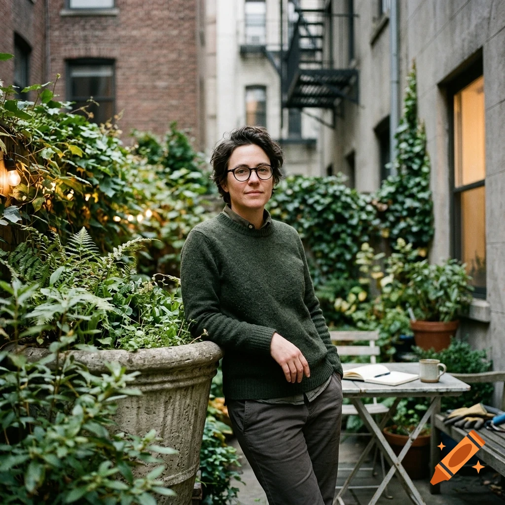 A person with short dark hair and glasses wearing a green sweater standing in an urban courtyard surrounded by plants.