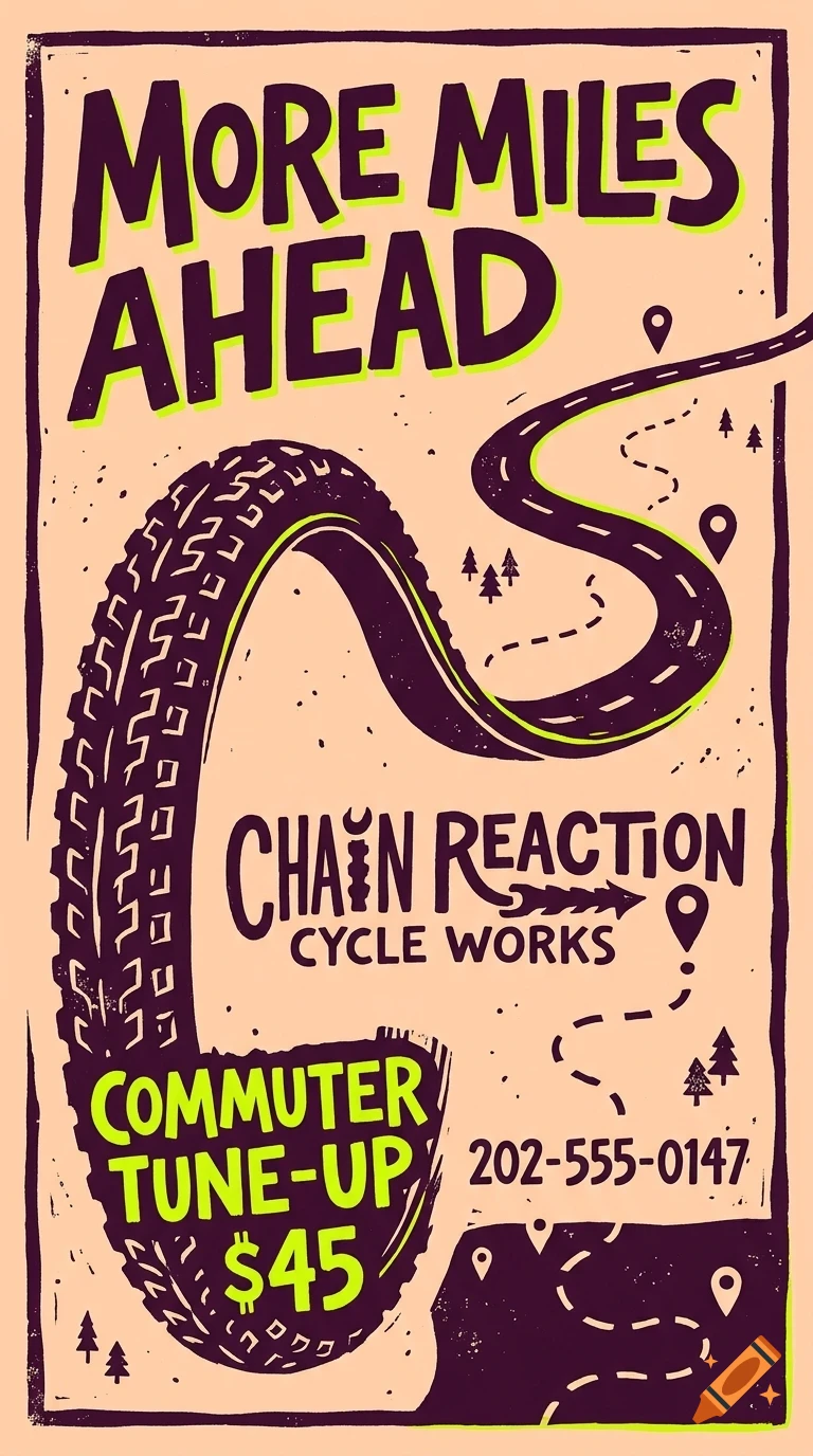 An illustrated poster advertising a bicycle tune-up featuring a tire tread that curves into a winding road, with bold lettering reading 'More Miles Ahead' and 'Chain Reaction Cycle Works'.