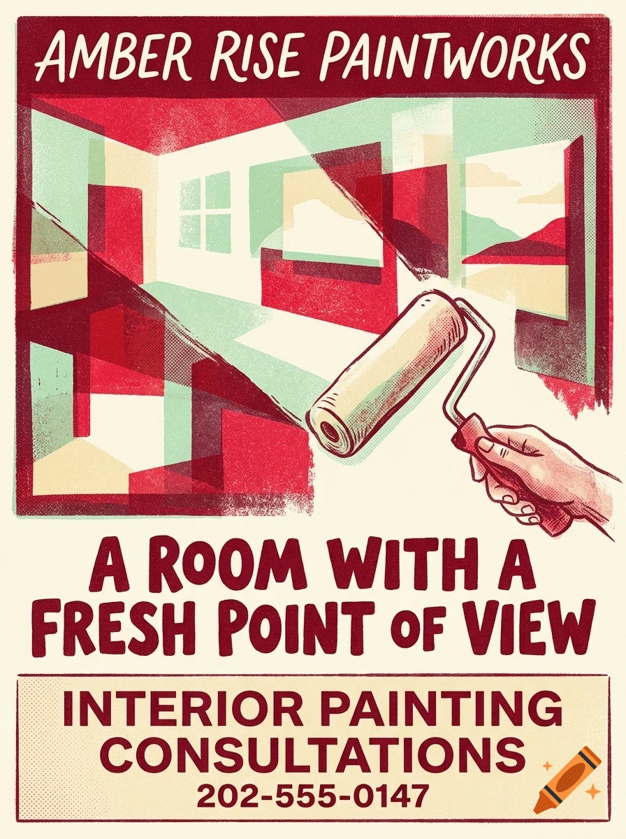 An illustration of a hand holding a paint roller painting a room, with the text Amber Rise Paintworks and Interior Painting Consultations.