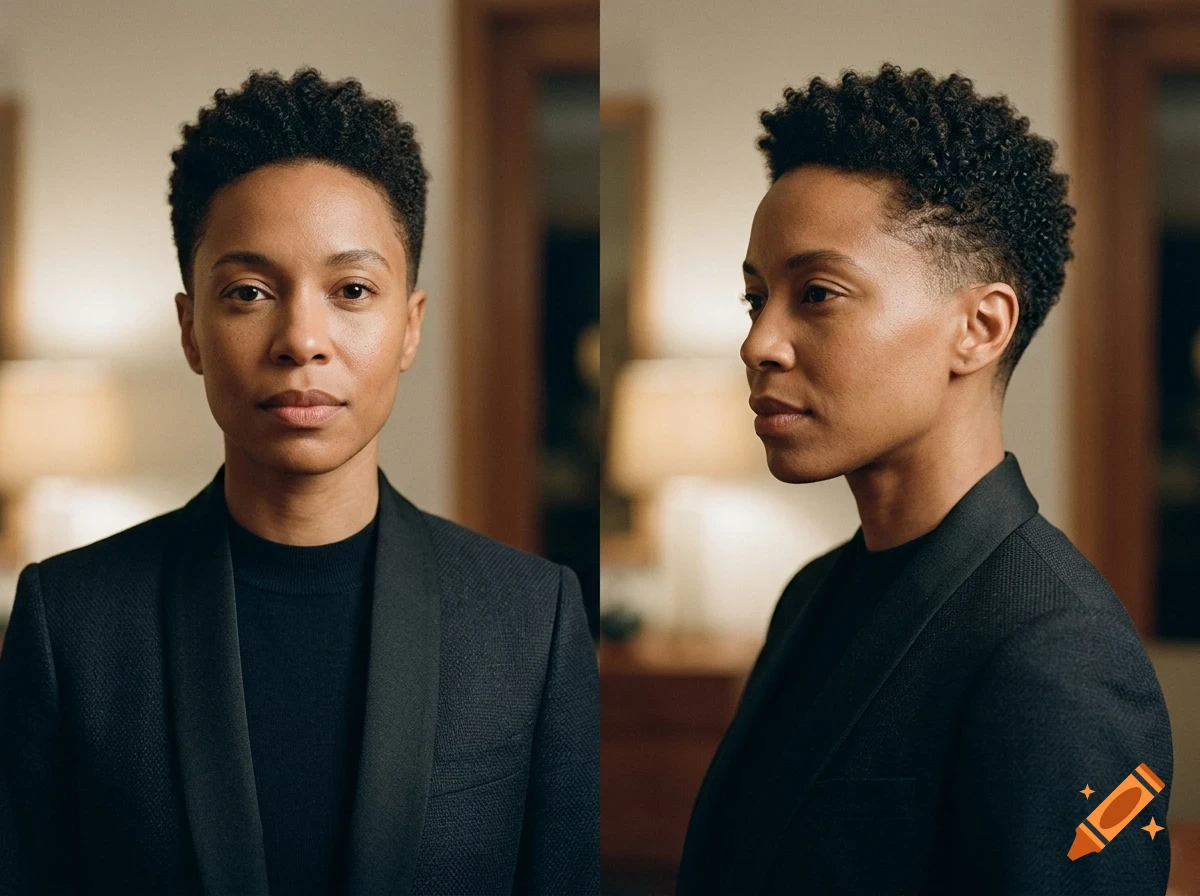Front and side portraits of a person with short curly hair wearing a dark blazer.