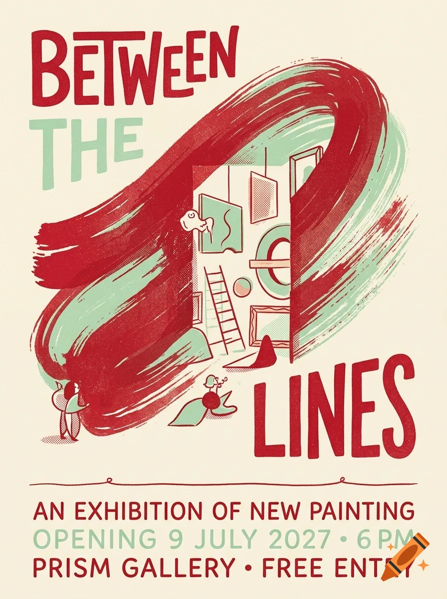 An art exhibition poster featuring bold red and green brushstroke lettering reading BETWEEN THE LINES, with abstract figures and gallery elements in the center.