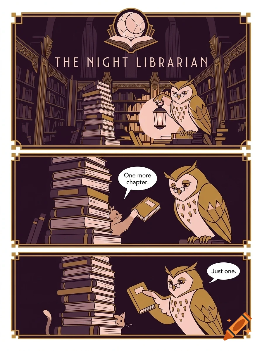 A three-panel comic illustration titled The Night Librarian featuring an owl holding a lantern and a cat handing it a book.