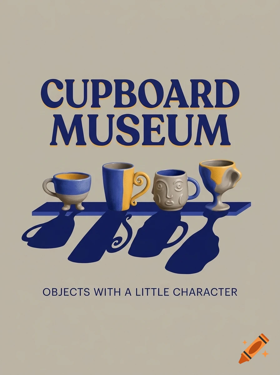 An illustrated poster titled CUPBOARD MUSEUM featuring four ceramic mugs on a shelf and the text OBJECTS WITH A LITTLE CHARACTER below.