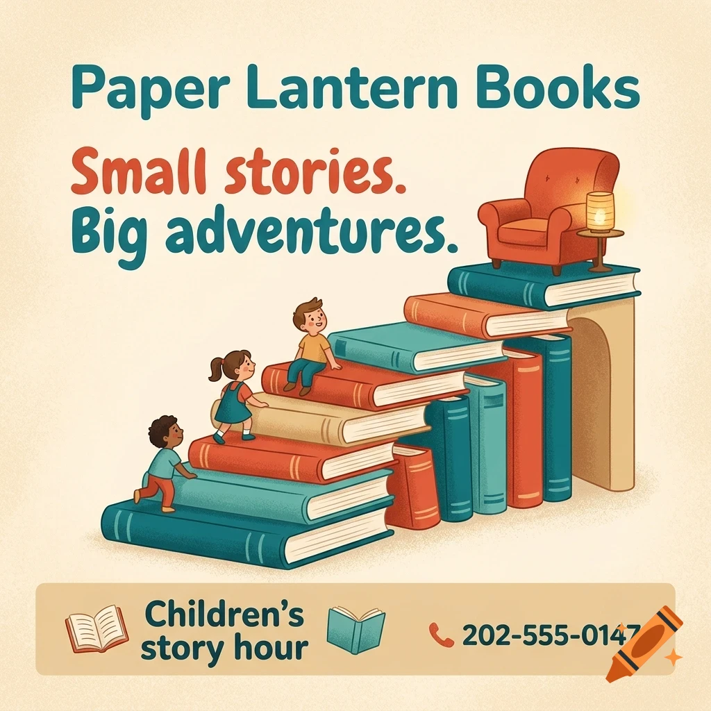 An illustrated poster for Paper Lantern Books showing children climbing a stack of books leading to an armchair on top.