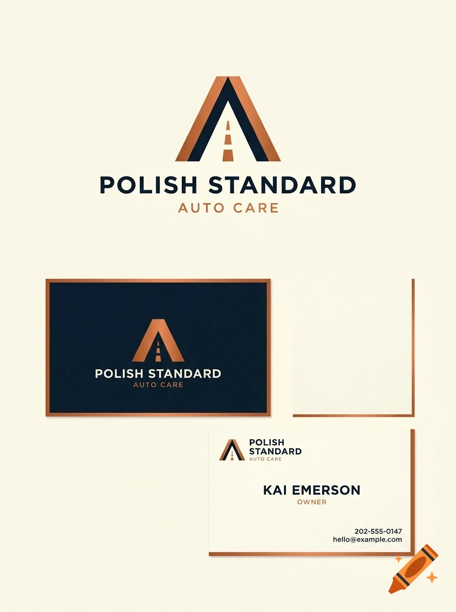 Branding mockup featuring a logo with an 'A' shape resembling a road, with text 'POLISH STANDARD AUTO CARE' and business cards.