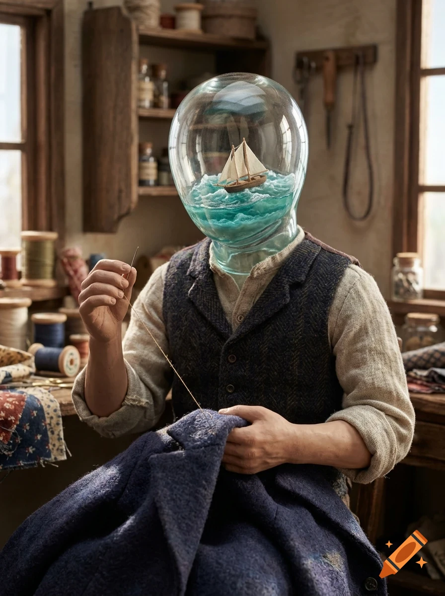 A person with a glass jar head containing a miniature sailboat on stormy water sits in a workshop and sews a garment.