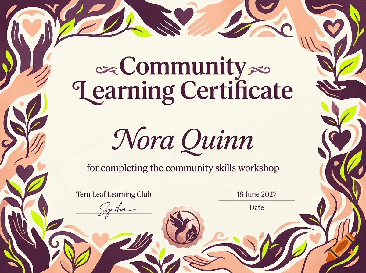 A Community Learning Certificate awarded to Nora Quinn, decorated with illustrated hands, plants, and hearts in purple and peach tones.