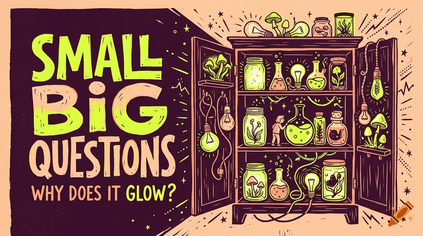An illustration of a cabinet filled with glowing jars, lightbulbs, and mushrooms, with the text SMALL BIG QUESTIONS WHY DOES IT GLOW?