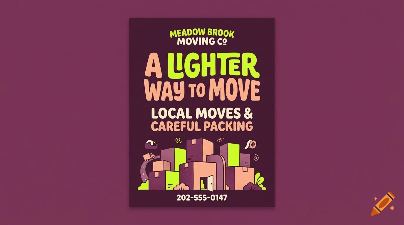 A poster design for Meadow Brook Moving Co featuring lettering and stacked boxes.