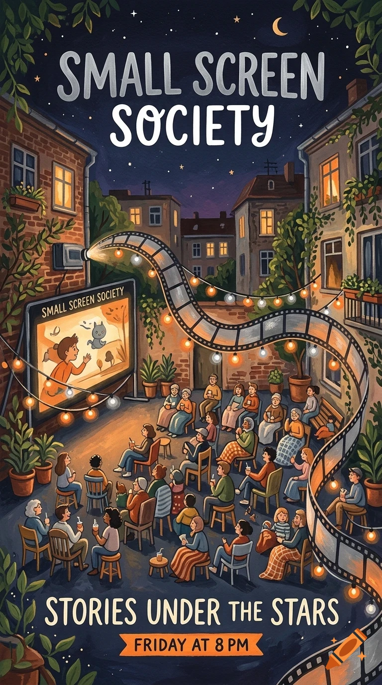 An outdoor neighborhood movie screening at night between buildings, with a large crowd seated and watching a film strip arc overhead.