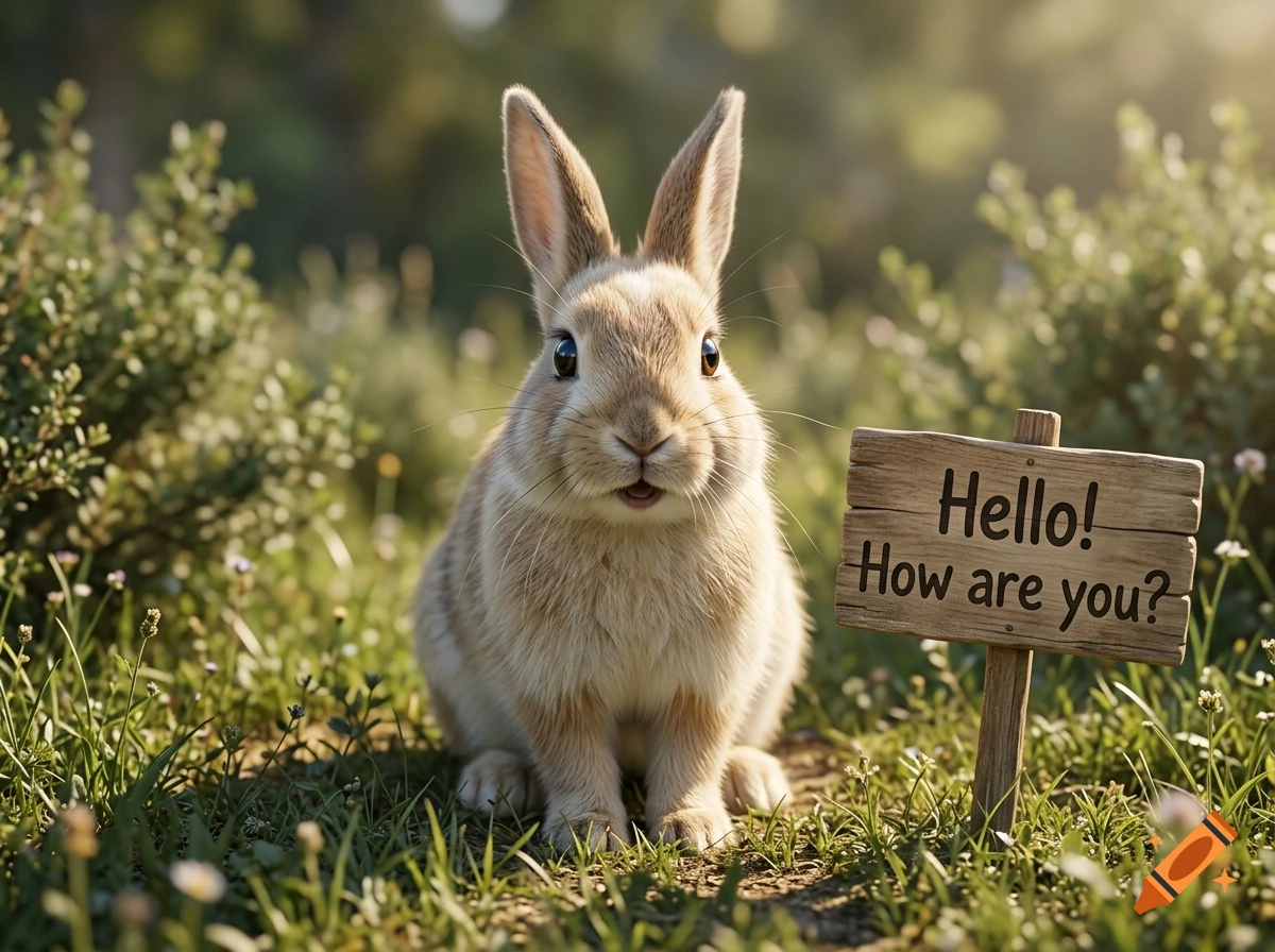 A photorealistic fluffy brown rabbit sitting in a green grassy meadow beside a wooden sign that reads Hello! How are you?