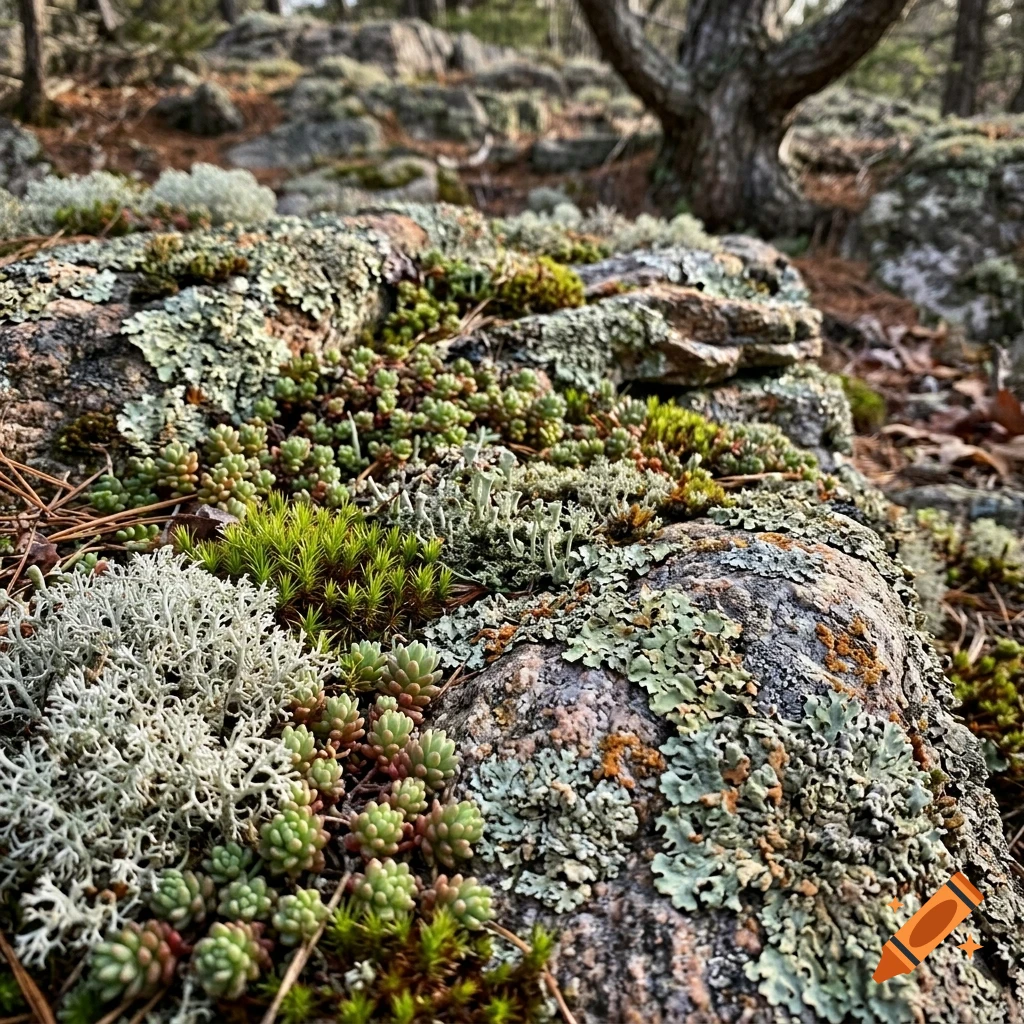 A close-up photograph of moss, lichen, and small succulent plants growing on a rocky forest ground.