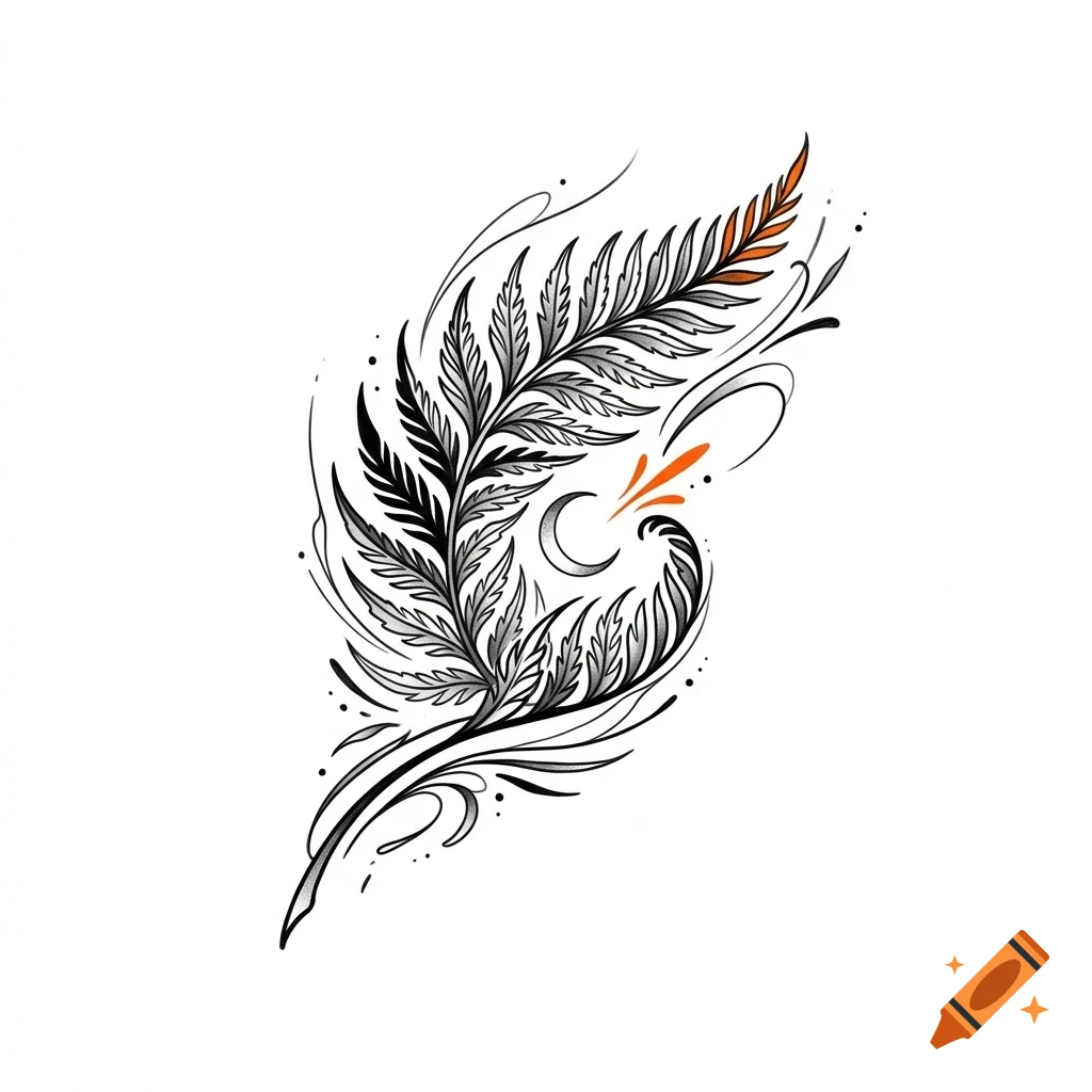 An artistic black and white illustration of a fern frond with flowing decorative lines, a crescent moon, and touches of orange color.