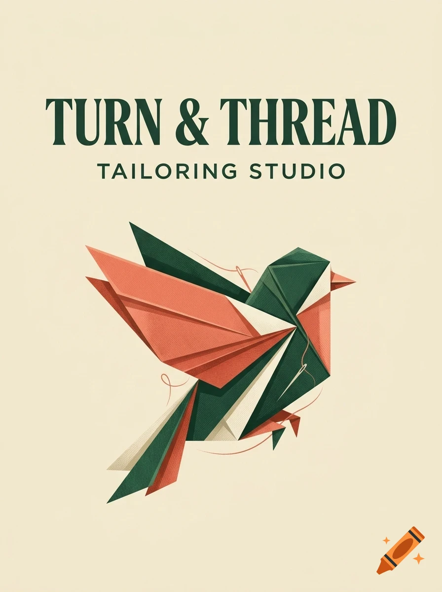 An origami-style bird illustration with the text TURN & THREAD TAILORING STUDIO above it.