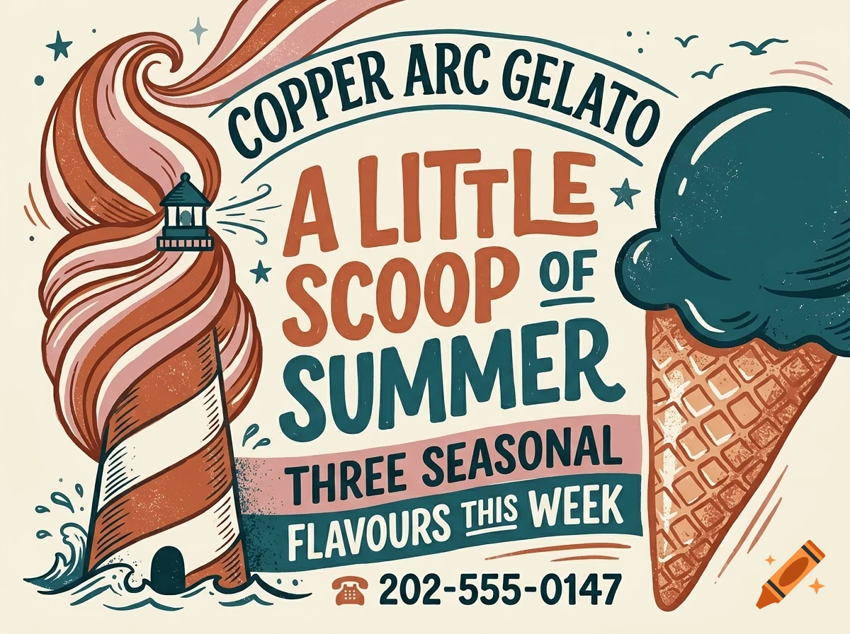 An illustrated gelato advertisement featuring a lighthouse styled as a soft-serve cone, a traditional ice cream cone, and lettering.