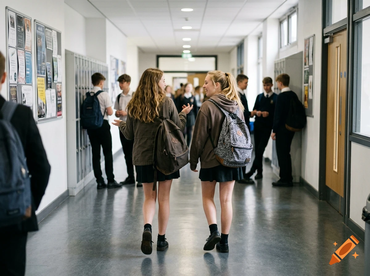 Photorealistic shot from behind of two teenage girls walking and laughing together down a school hallway.