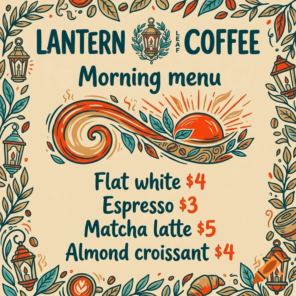 An illustrated morning menu for Lantern Leaf Coffee featuring coffee and food prices, surrounded by lanterns, leaves, and coffee beans.