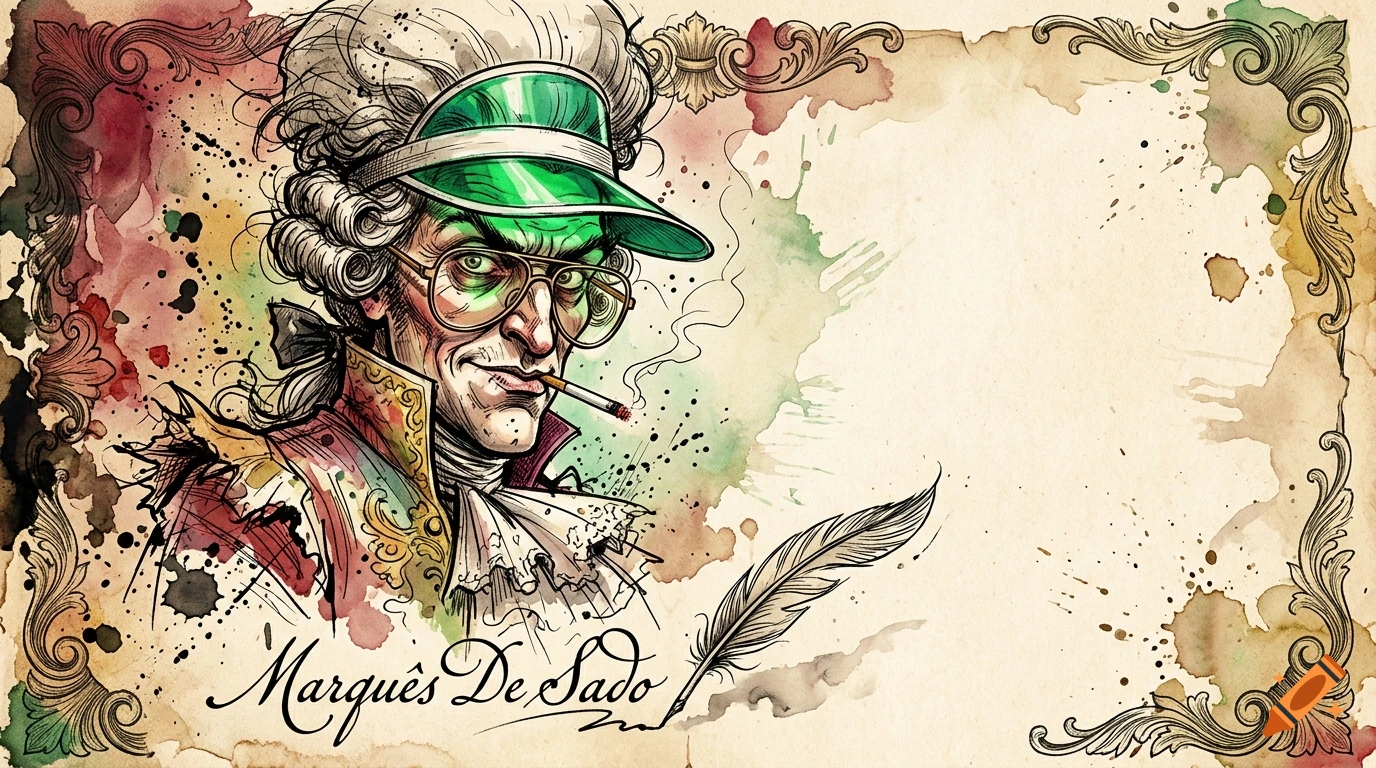 Ralph Steadman style watercolor banner of an 18th-century aristocrat with a green visor, glasses, and a cigarette, with signature.