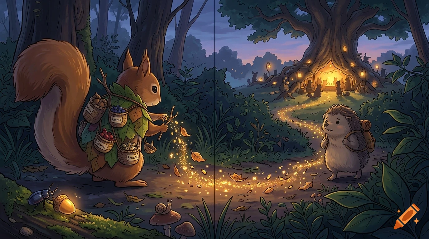 An illustration of a squirrel carrying baskets on a path in a magical forest, looking at a hedgehog standing near a glowing trail.