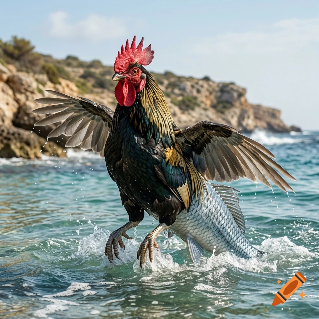 Photorealistic fantasy creature with the head of a rooster and the body of a fish splashing in the sea near a rocky coast.