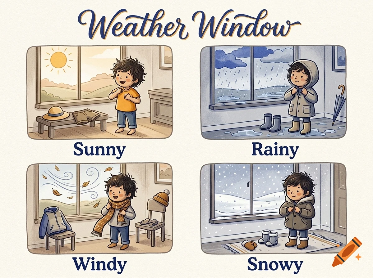 An educational illustration titled Weather Window with four panels showing a child dressing for sunny, rainy, windy, and snowy conditions.