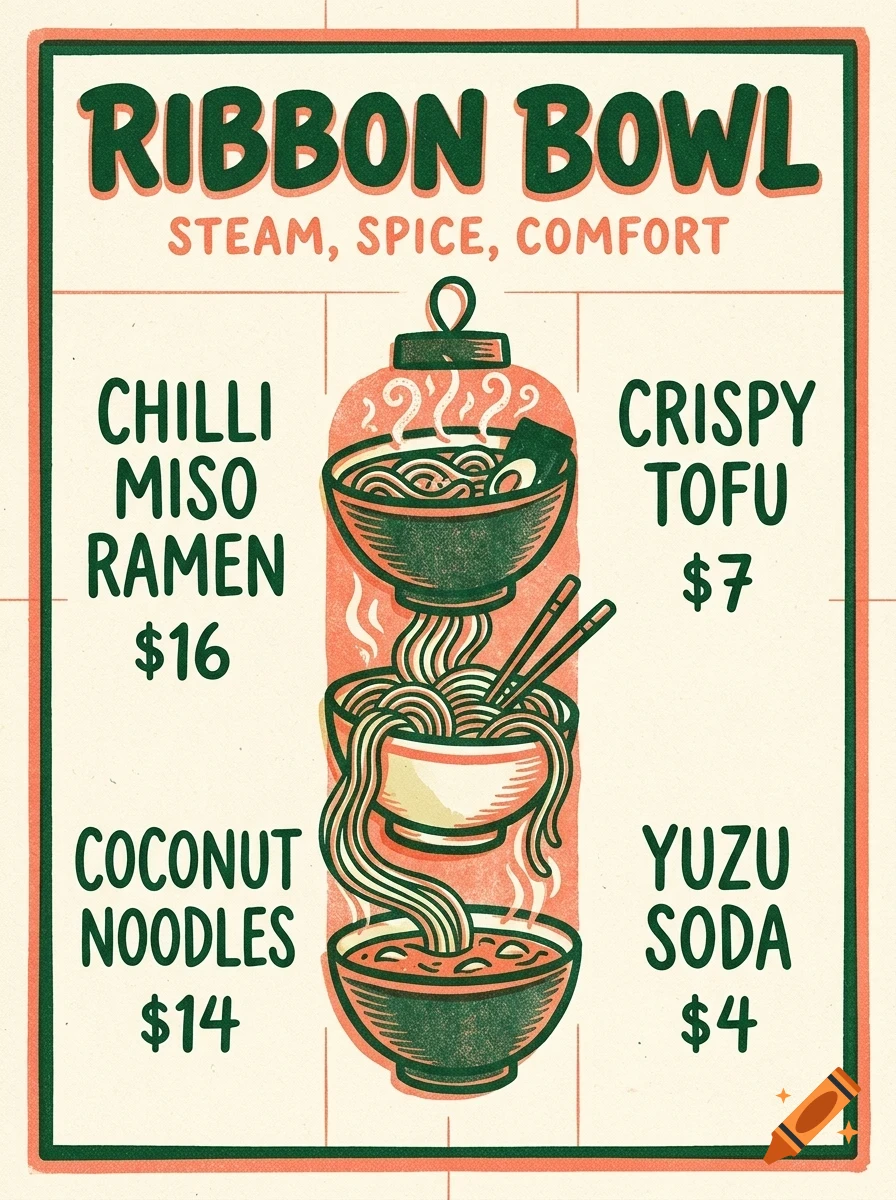 An illustrated menu poster for Ribbon Bowl featuring ramen, noodles, tofu, and soda with prices and text.