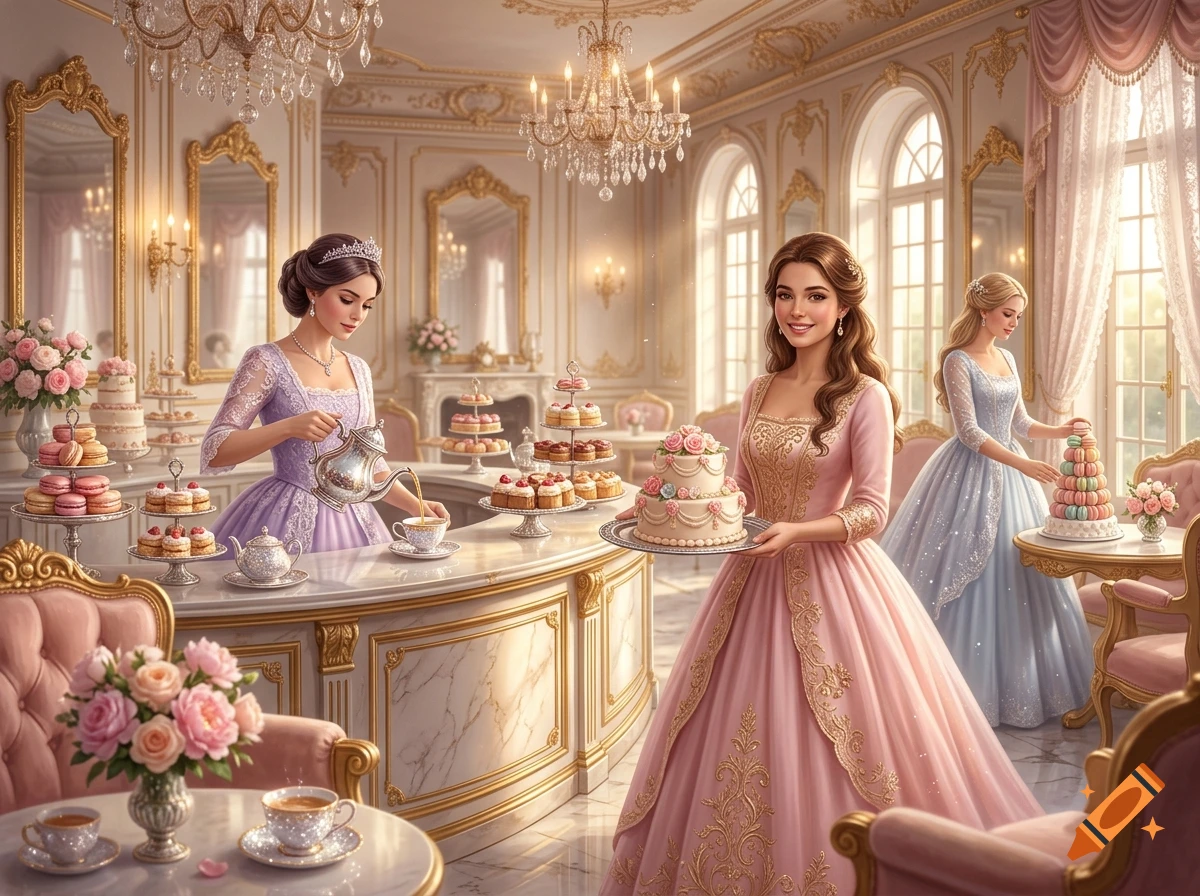 Three princesses in elegant dresses operating a luxurious, ornate palace cafe with chandeliers and pastries, digital art style.