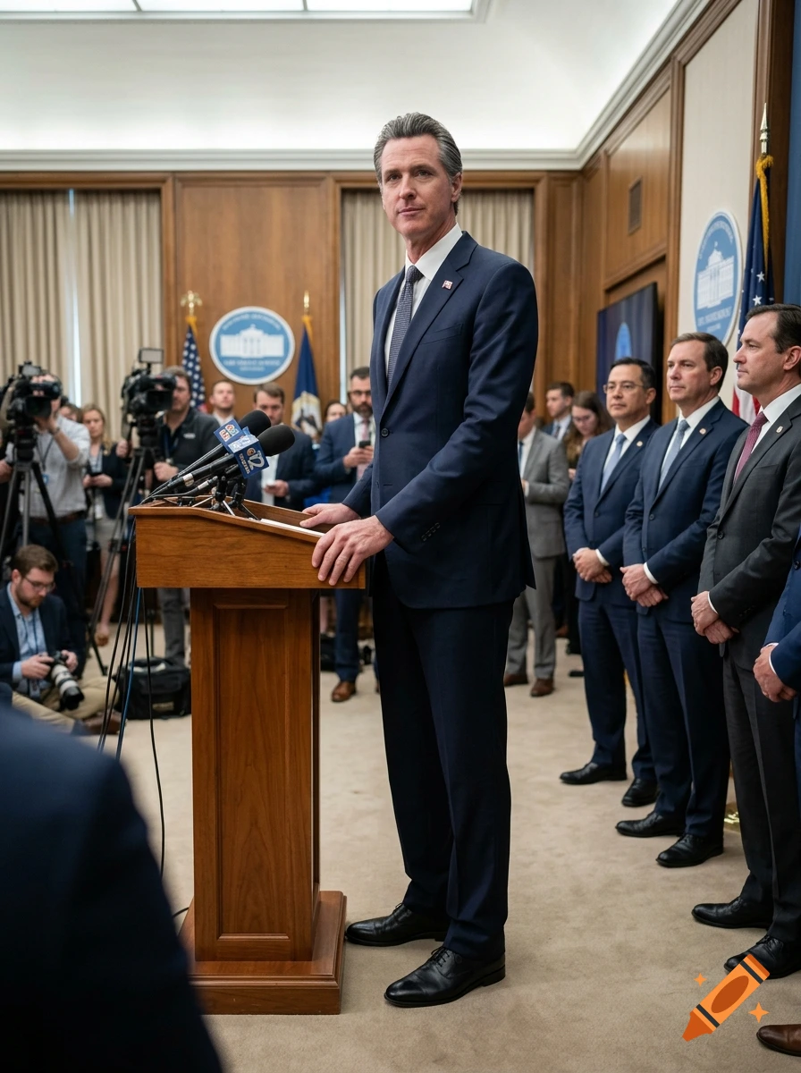 Photorealistic image of a tall politician standing at a wooden podium speaking to a room of reporters and officials.