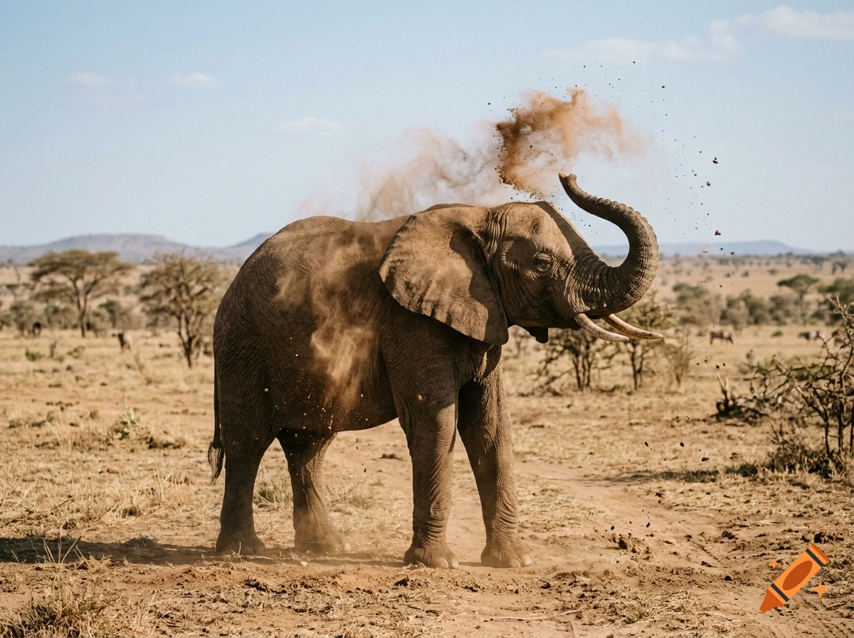An African elephant throwing dust over its back in a dry savannah landscape.