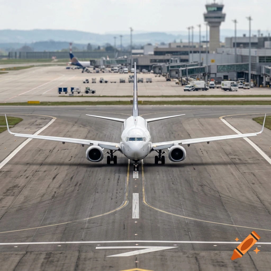 An airplane on the runway at an airport, viewed from the front with the control tower in the background, photorealistic.