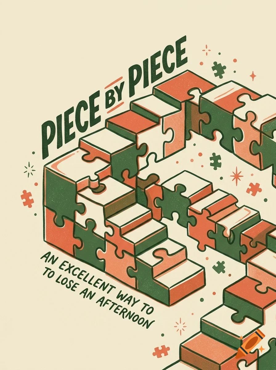 An illustrative poster featuring an impossible staircase made of interlocking puzzle pieces with the text PIECE BY PIECE.