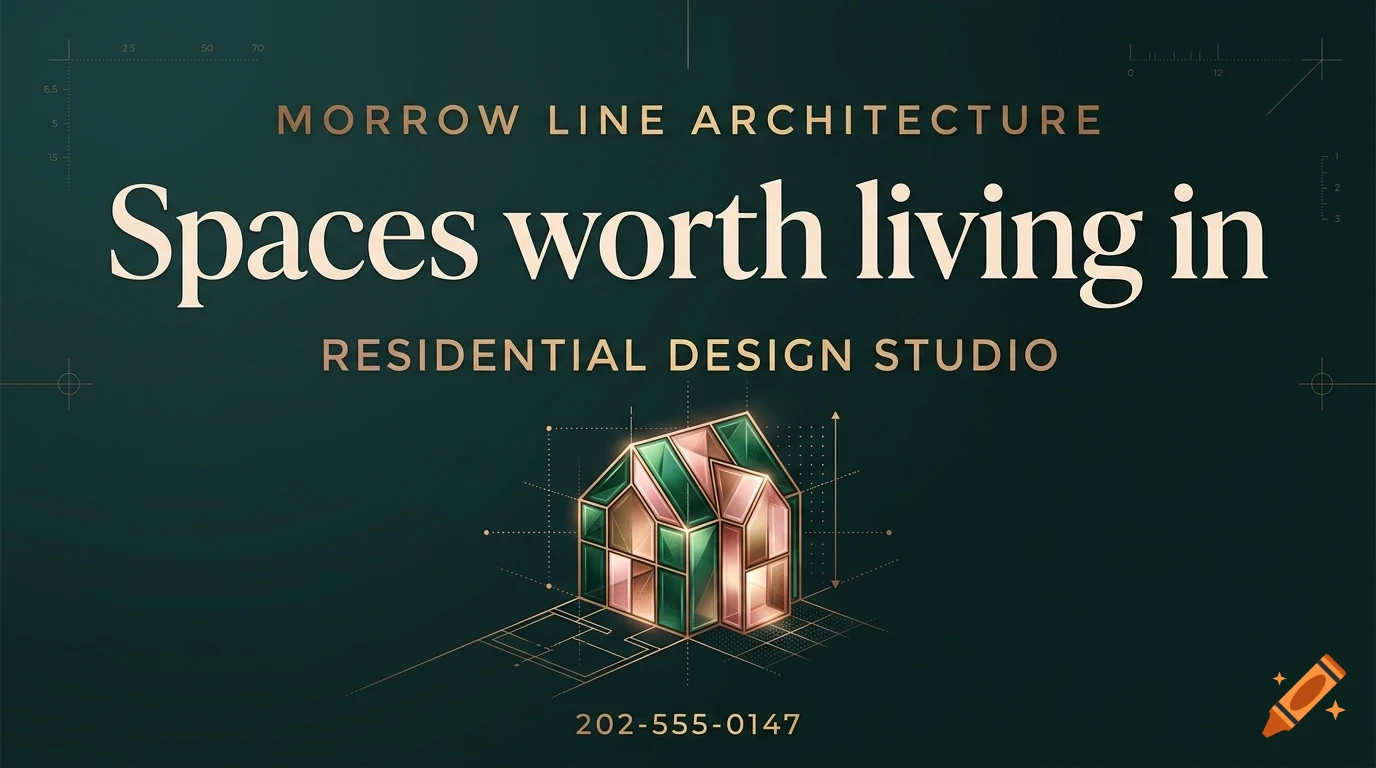 An architectural concept graphic on a dark green background with gold lettering reading Morrow Line Architecture and Spaces worth living in, featuring a small faceted house model.