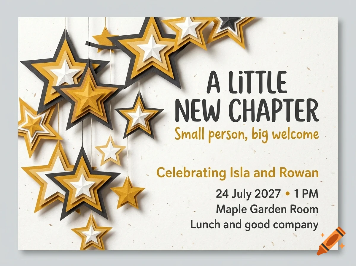 An invitation card featuring layered gold, black, and white paper stars hanging on the left and the text A Little New Chapter on the right.