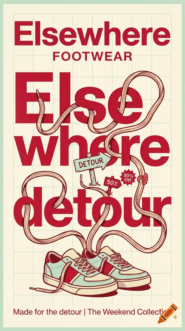 An advertisement for Elsewhere Footwear featuring sneakers and winding shoelaces spelling out 'Else where detour'.