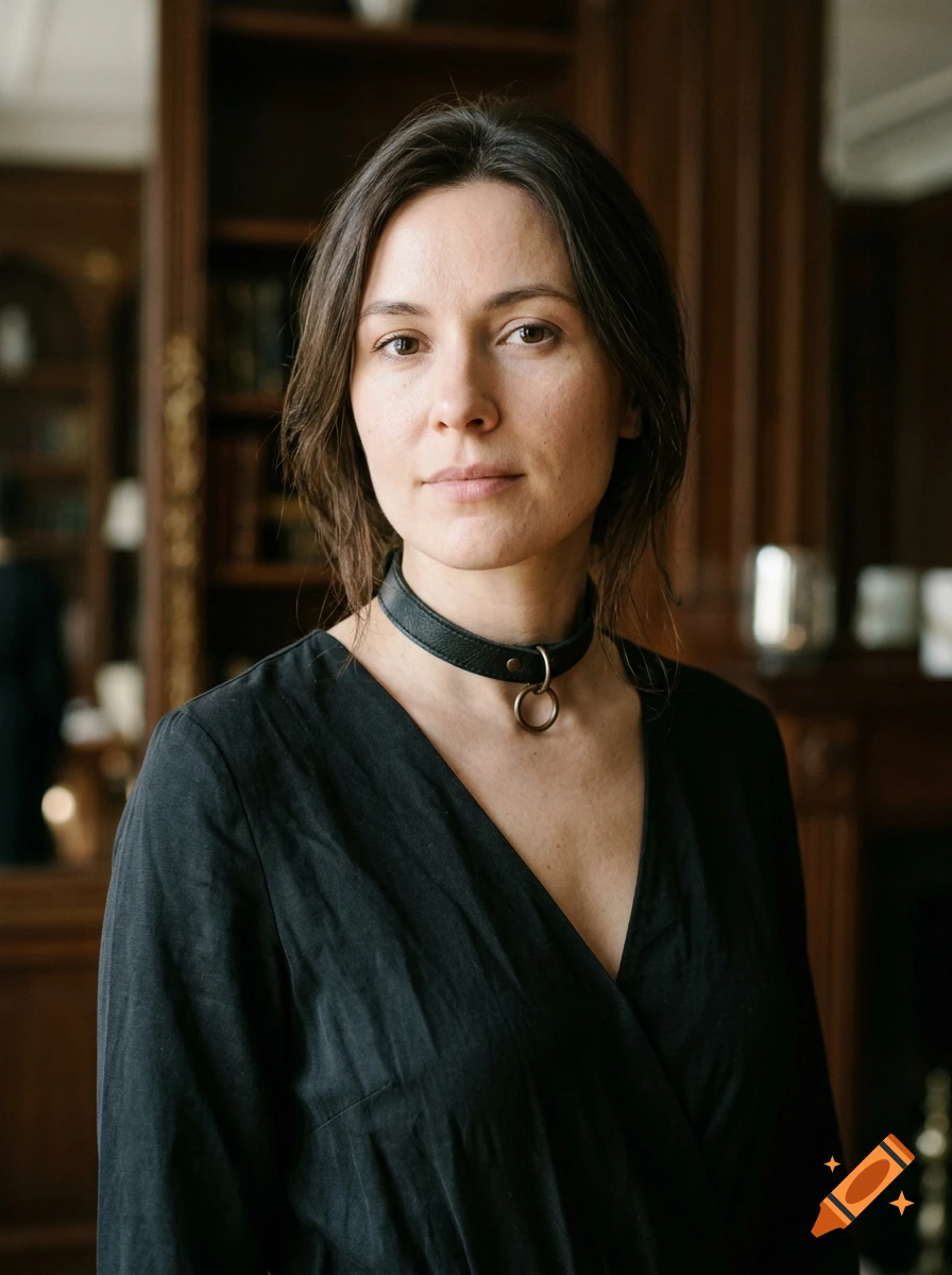 Photorealistic portrait of a woman with dark hair wearing a black dress and a black leather choker with a ring, indoors with wooden background.