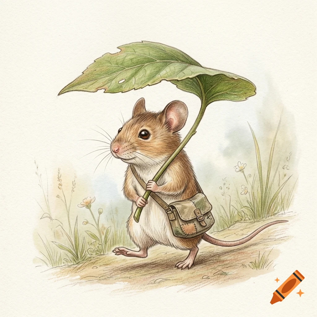 An illustrated anthropomorphic mouse walking along a path while holding a large leaf as an umbrella and carrying a small satchel.