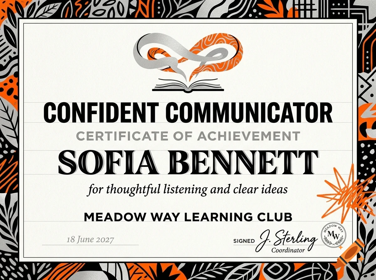 A certificate of achievement with bold lettering reading Confident Communicator and Sofia Bennett, surrounded by an orange, black, and white patterned border.